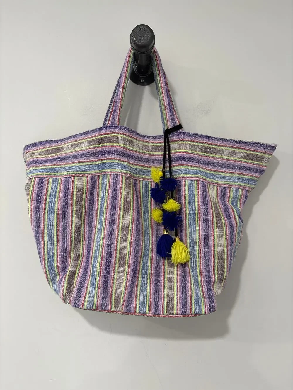 JADETribe Tote Bag Purple Stripe Tassel Detail